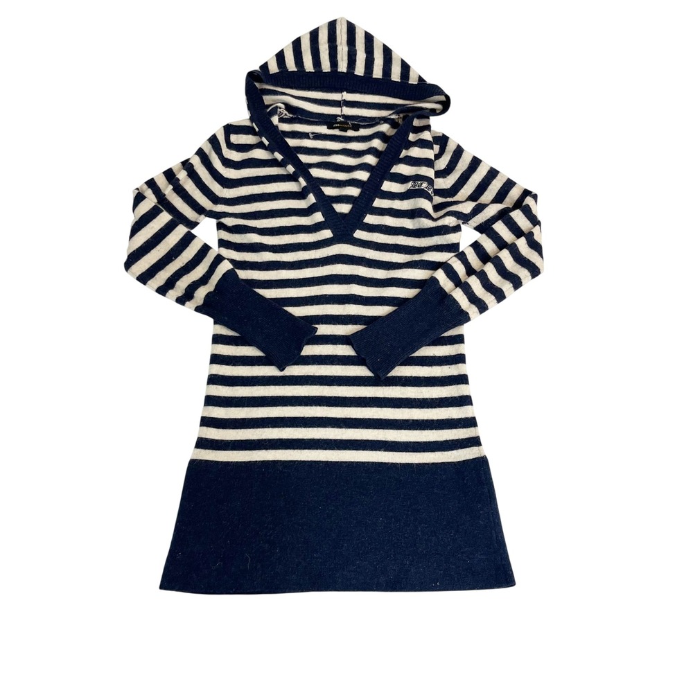 Y2K BCBGMaxAzria Navy Striped Wool Angora Knit Hoodie‎ Sweater Tunic Preppy MED